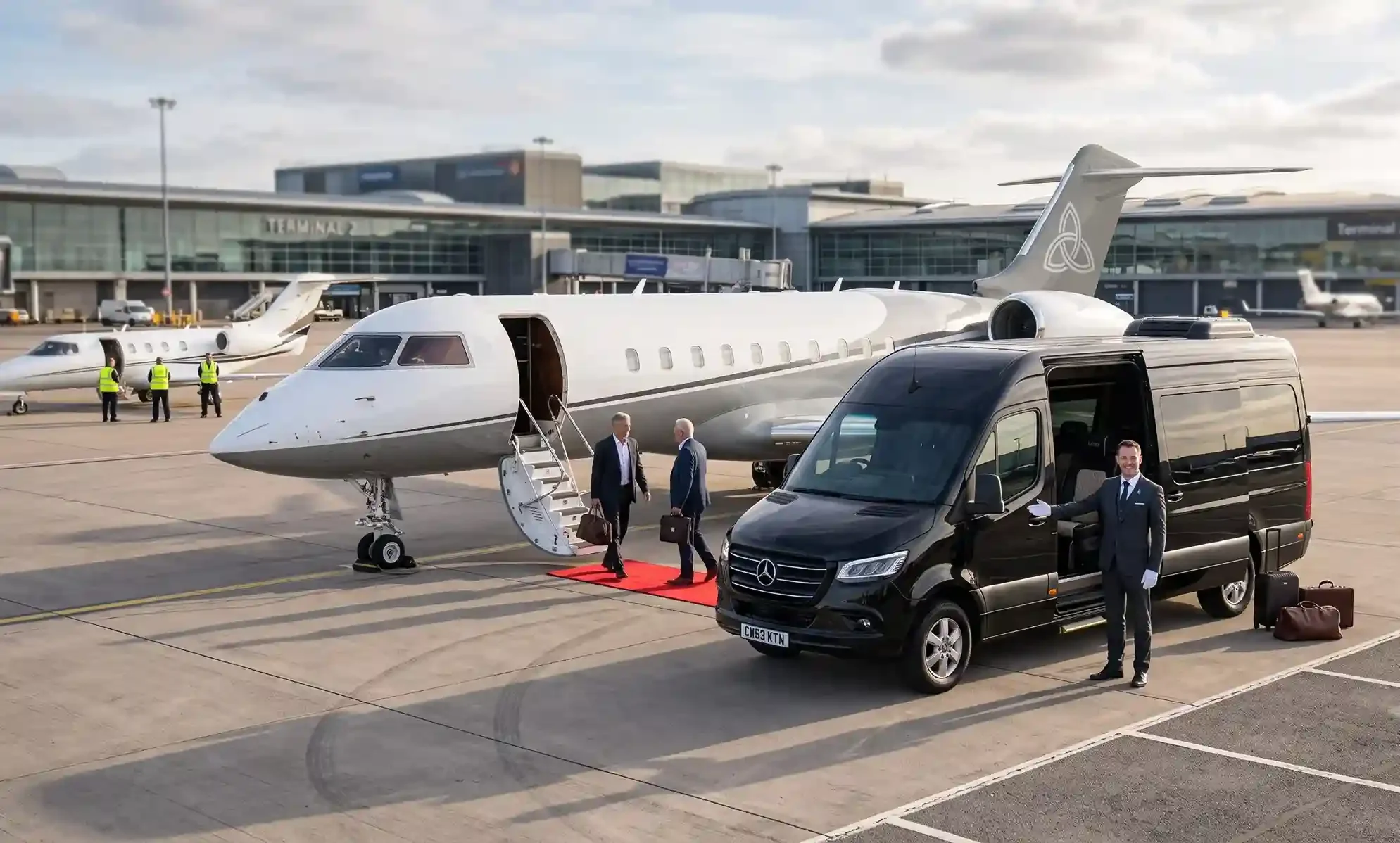 Private jet and chauffeur car
